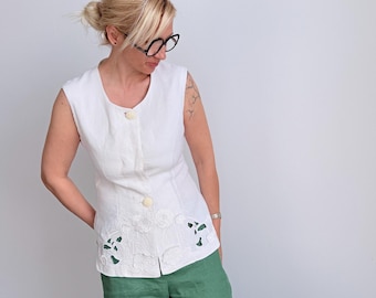 Vintage White Linen Waistcoat Vest with Embroidery | Sleeveless Longline Linen Top for Women XS