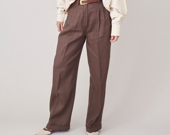 Wide Leg Linen Pants for Women, with Pleats and High Waisted Cut, best Clean Aesthetic Style, Summer Office Outfits, Brown, Beige and More