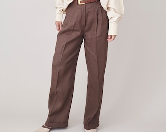 Wide Leg Linen Pants for Women, with Pleats and High Waisted Cut, best Clean Aesthetic Style, Summer Office Outfits, Brown, Beige and More