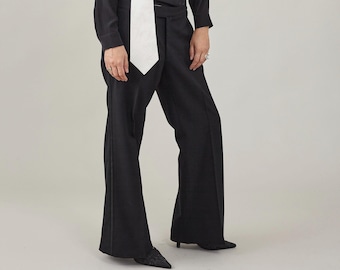 Vintage Black Wool Tuxedo Pants, Women's Petite, Elegant Side Stripe Trousers
