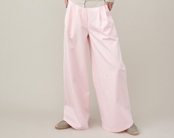 Pink Pants for Women with Wide Leg Cut, Pleats and High Waist, available in more Pastel Colours, Great for Summer