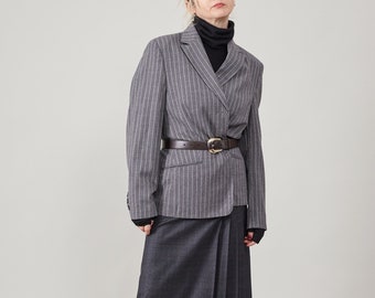 Vintage Grey Pinstripe Wool Blazer - Women Size XL | Elegant Single-Breasted Spring Suit Jacket