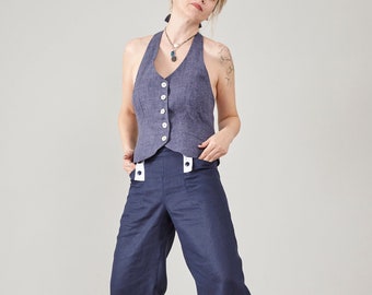 Maßgeschneiderte Leinenweste für Damen, mit Neckholder, offenem Rückendesign und verstellbarer Taille, eine Leinenweste für Sommer-Festival-Outfits