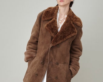 Vintage Brown Shearling Coat: Oversized Double Breasted XL