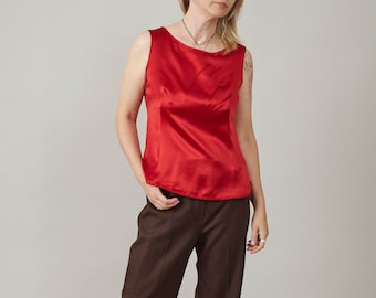 Vintage Satin Silk Top in Cherry Red for Women Size XS, Elegant Pure Silk Sleeveless Blouse for Festive Occasions
