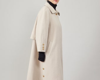 Vintage Cream Wool Cashmere Overcoat - Women's Petite A-Line Cape Coat