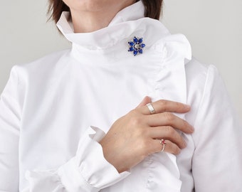 White Cotton Blouse | Ladies White Shirt with Ruffled Collar and Cuffs | Elegant Office Shirt with Rhinestone Embellishments FTN50_71COT