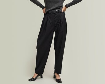 High Waisted Pleated Pants - Black Wool Women's Trousers, Classic Tapered Style, Custom Length and Sizes