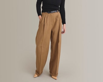 Cashmere Wool Wide Leg Pants: Pleated Winter Trousers