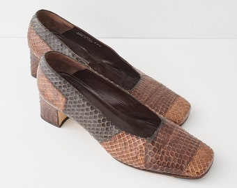Vintage Snakeskin Leather Pumps, Brown Block Heel, Made in Italy, Size 9-9.5 US