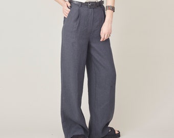 SAMPLE SALE Wide Leg Linen Pants for Women size XS, waist 26" | Dark Grey Linen Trousers with High Waist, Pleats and Pockets