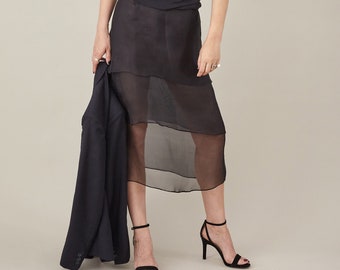 transparente en soie noire pour femme | Jupe mi-mollet en organza de soie à trois épaisseurs | Fêtes, Jupe de soirée FTN91_132SIL