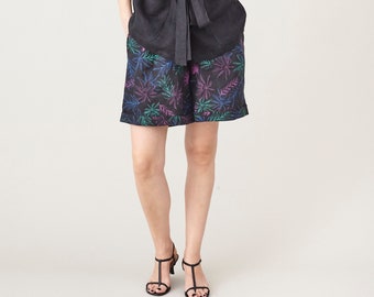 Handmade Linen Bermuda Shorts for Women, High Waisted Pleated Palermo Shorts with Cuffed Hem, Black Floral Print Shorts