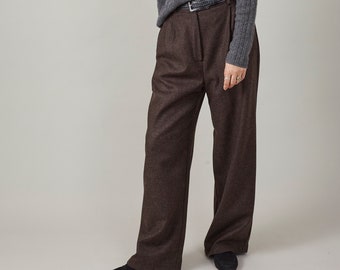 Women's Brown Wool Dress Pants | Wide Leg Tailored Trousers for Winter with Pleats and Cuffed Hem