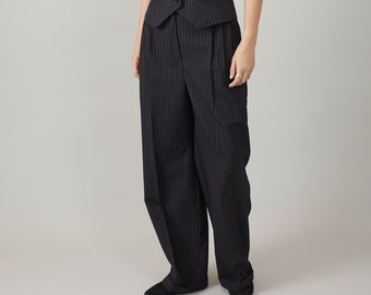 Calça feminina de lã com risca de giz — Calça pantalona com pregas, cintura alta, bainha dobrada, feita à mão, tamanho personalizado
