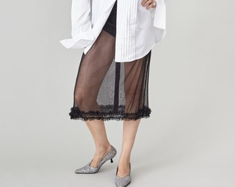 Seide Tüll Midirock | Schwarz schiere Rüschen Saum