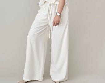 Pantalones anchos de seda cruda blanca: pantalones de verano para mujer