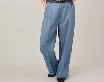 Pantalon en lin pour femme, couleurs vives, coupe ample, plis et passants de ceinture, tailles personnalisées disponibles