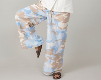 Handmade Baggy Camo Pants in Pastel Hues, Wide Leg Linen, Loose Pants with Elastic Draw String Waist