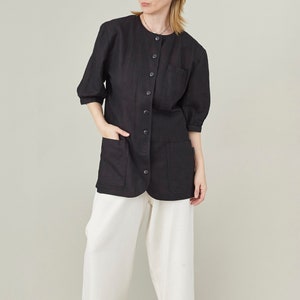 Vintage Short Sleeve Linen Blazer size L - XL | Black Linen Blazer for Women with Puffed Sleeves