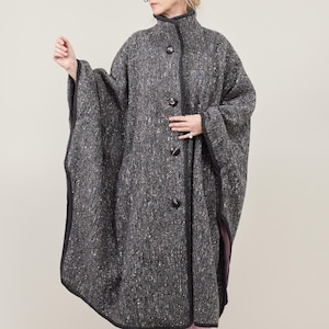 Vintage Wool Cape Coat with Silk Lining | Speckled Tweed Long Coat One Size