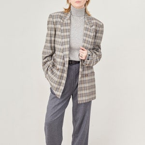Blazer Vintage de Seda y Lana para Mujer Talla L, Corte Relajado, Cruzado, Cuadros en Tonos Tierra, Estilo Clásico Elegante para Primavera Otoño FTV1809