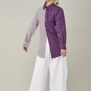 Upcycled Striped Back Buttons Shirt | Unique Women&#39;s S | Purple & White | Crisp Cotton