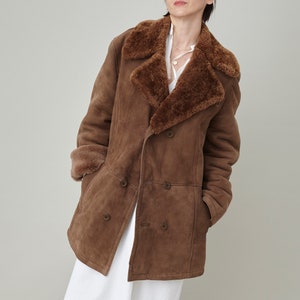Vintage Brown Shearling Coat: Oversized Double Breasted XL