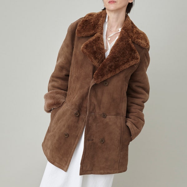 Vintage Shearling Coat Size XL | Double Breasted Shearling Coat | Brown Oversized Shearling Coat FTV1227