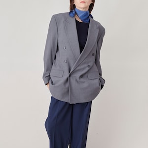 Vintage Oversized Wool Blend Blazer: Classic Double Breasted Grey Coat