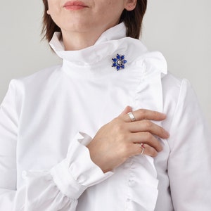 White Cotton Blouse Ladies White Shirt with Ruffled Collar and Cuffs Elegant Office Shirt with Rhinestone Embellishments FTN50_71COT image 1