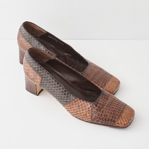 Vintage Brown Snakeskin Pumps for Women, Size 39.5 IT (9-9.5 US), Cozy Medium Block Heels with Square Toe, by Bally, Made in Italy