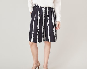 Handmade Silk Bermuda Shorts: Abstract Print High Waist Pleated