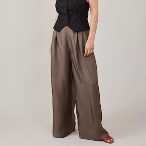Taupe Silk Palazzo Pants: High Waisted Pleated Wide Leg Trousers