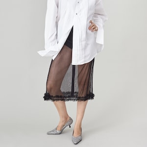 100% Silk Sheer Skirt with Ruffled Hem | Black Soft Tulle Midi Skirt for a Chic & Seductive Night Out