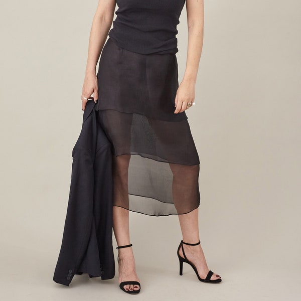 Black Silk Sheer Skirt for Women | Mid Calf Organza Silk Skirt with Three Layers | Parties, Evening Skirt FTN91_132SIL