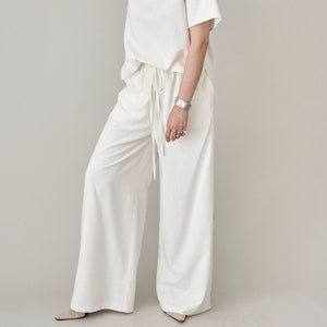 White Raw Silk Wide Leg Pants: Women&#39;s Summer Trousers