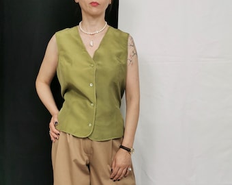 Vintage Silk Vest for Women Size M - Green Silk Button Up - FTV183