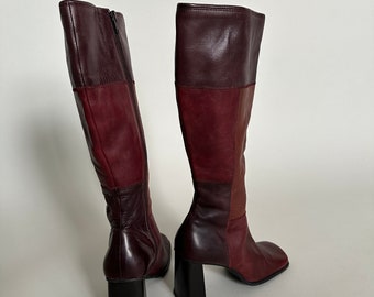 Botas de cuero vintage para mujer talla US8, EU 38, rojo apagado, botas altas burdeos con punta cuadrada