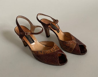 Vintage Brown Snake Skin Sandals for Women, Size 38.5 | Classic Peep Toe Leather Sandals for Women with 8 cm heels FTV1726