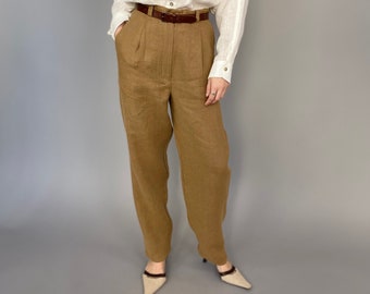 Camel Linen Pleated Pants XS - High Waisted Summer Trousers