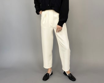 Women White Slacks, Wool and Silk Blend, Available in Custom Sizes and Length with Tapered Cropped Cut, Pleats and High Rise FTN21_94WOL_SIL