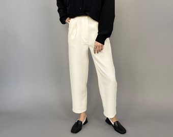 Women White Slacks, Wool and Silk Blend, Available in Custom Sizes and Length with Tapered Cropped Cut, Pleats and High Rise FTN21_94WOL_SIL