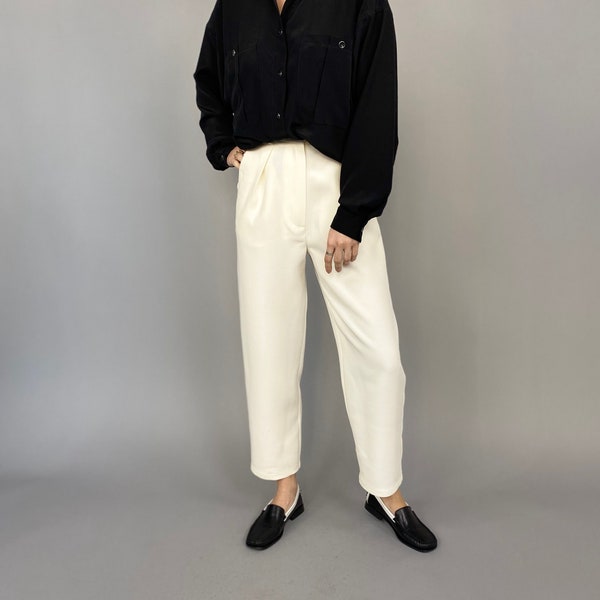 SAMPLE SALE White Wool-Silk Pants for Women Size XS, Waist 26.5" | Tapered Slacks with Pleats and Belt Loops