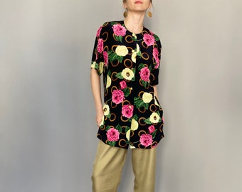 Vintage Silk Blouse for Women Size S | Floral Print Silk Summer Blouse_FTV701