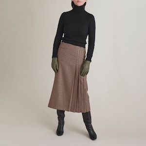 Wool Pleated Skirt for Women | Plaid Brown Wool Skirt below the knees with one welt pocket, belt loops. Fully lined. FTN59_100WOL