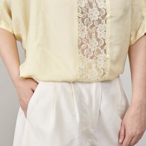 Vintage Butter Yellow Silk Blouse, Lace Detail, Oversized Fit, Women's S-L, Perfect for Summer and Daily Chic image 8