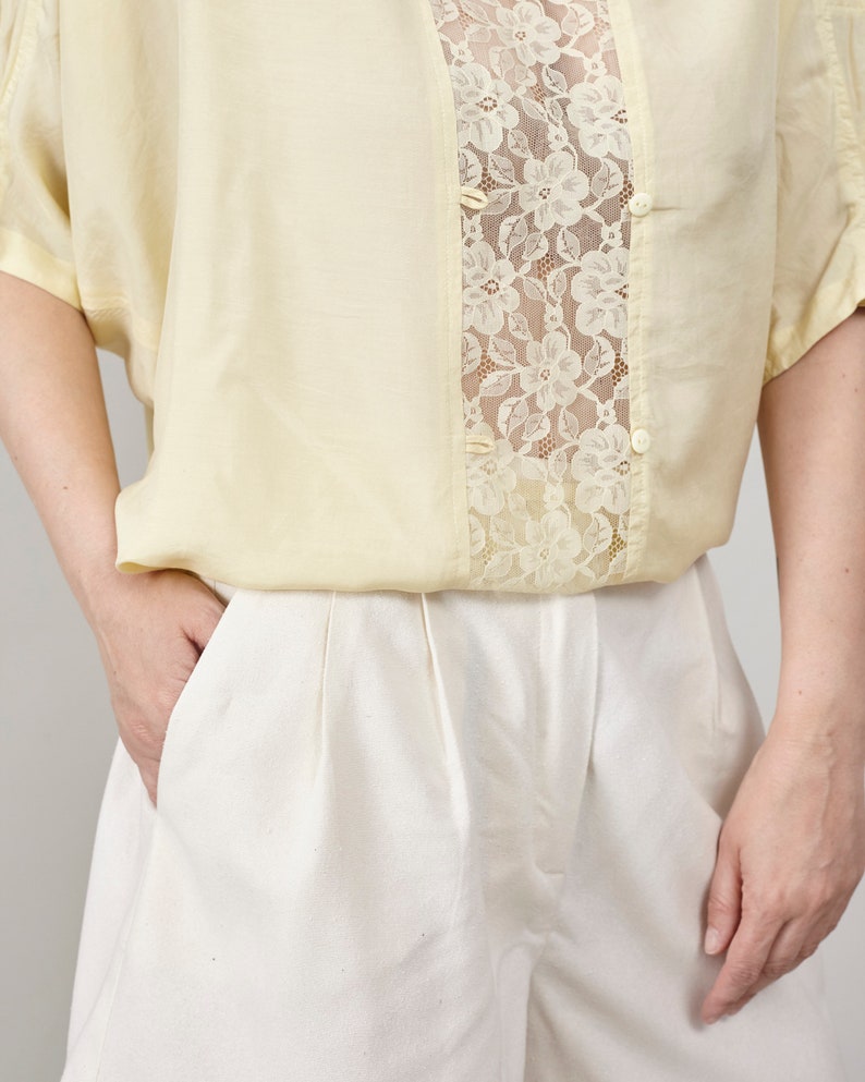 Vintage Butter Yellow Silk Blouse, Lace Detail, Oversized Fit, Women's S-L, Perfect for Summer and Daily Chic image 8