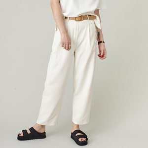 100% Silk White Pants for Women, Breezy Summer Trousers, Cropped Tapered Design with Pleated High Waist, Custom Size & Length