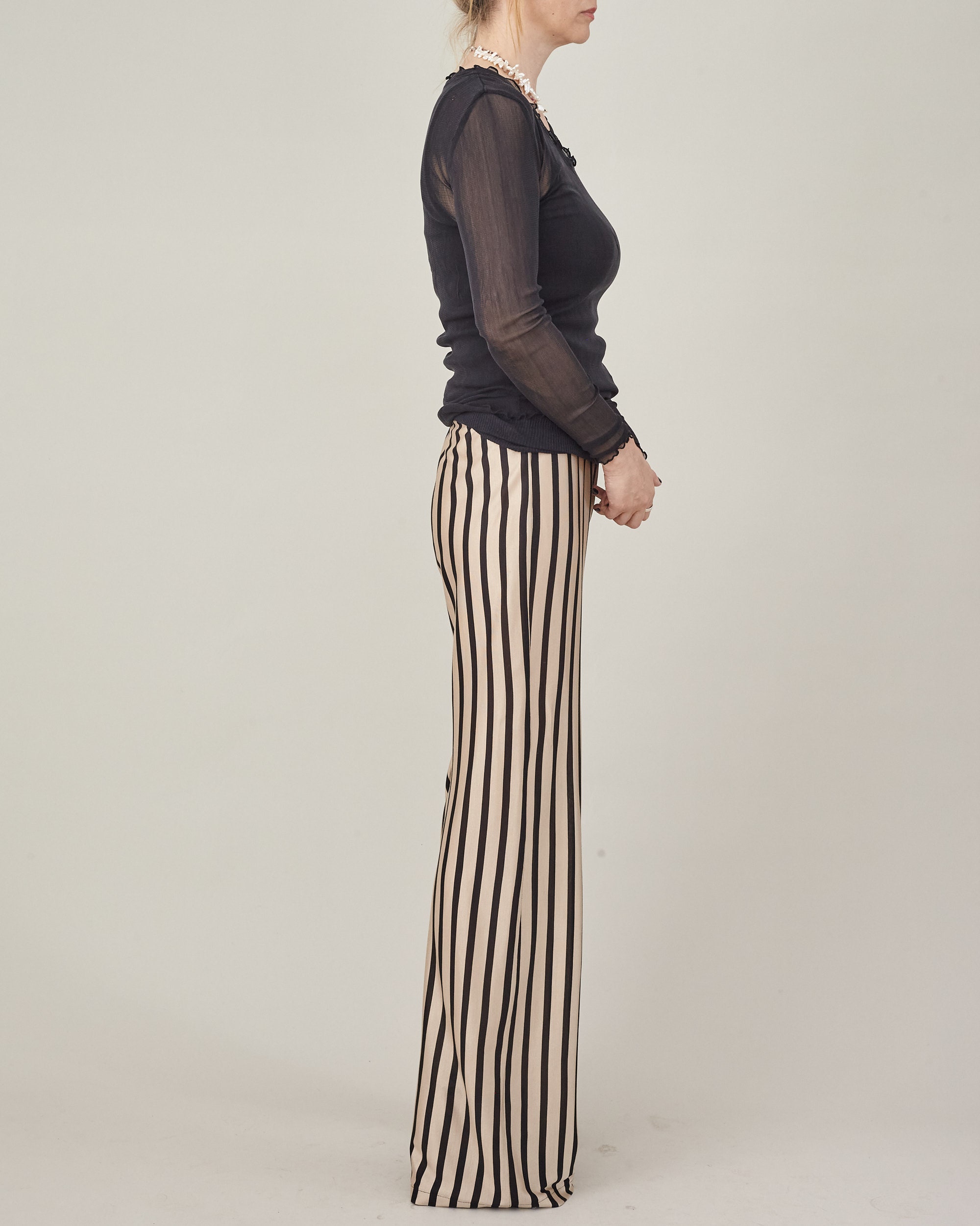 Striped Silk Jersey Fit and Flare Pants for Women Beige and Black